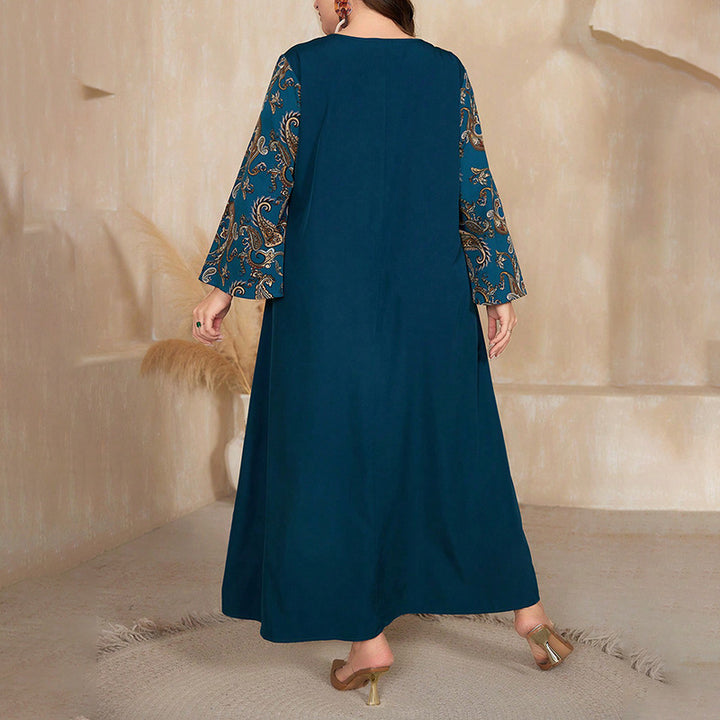 Women's Plus Size Bohemian Floral Printed Maxi Dress, Pleated Front Long Sleeve Crew Neck Loose Fit - ZEYTONCART