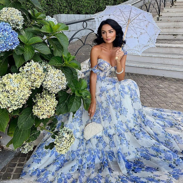 Floral Off-the-shoulder Strap Lace-up Large Swing Skirt Organza Dress - ZEYTONCART