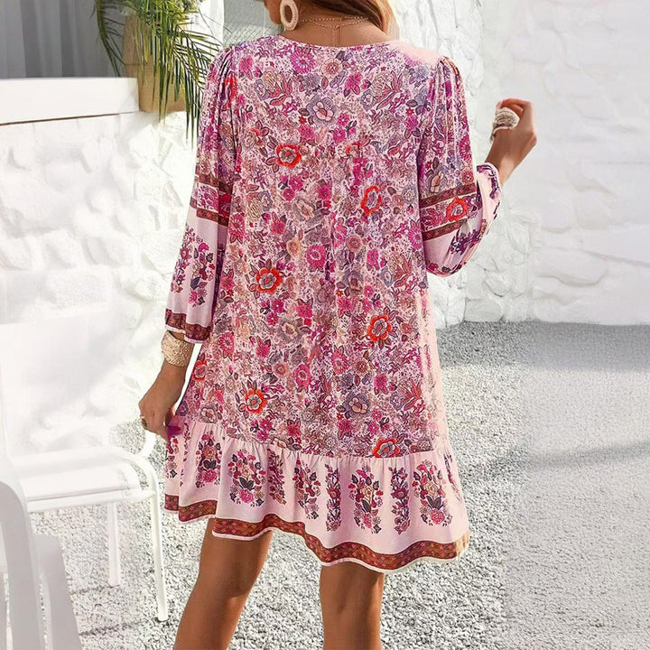 Women's Elegant V-Neck Fringe Bow Floral Print Dress Long Sleeve Comfortable Spring&Summer Dress - ZEYTONCART