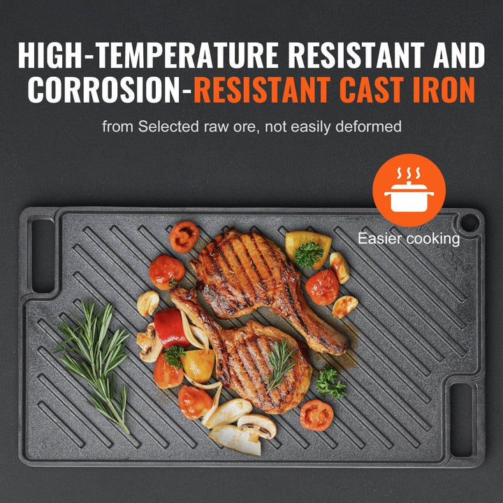 VEVOR Reversible Grill Griddle, Pre-Seasoned Cast Iron Griddle, Rectangular Double Burner Griddle Pan, Non-Stick Family Pan Cookware With Handles, Flat Top Plate For BBQ, Gas Grill, Black - ZEYTONCART