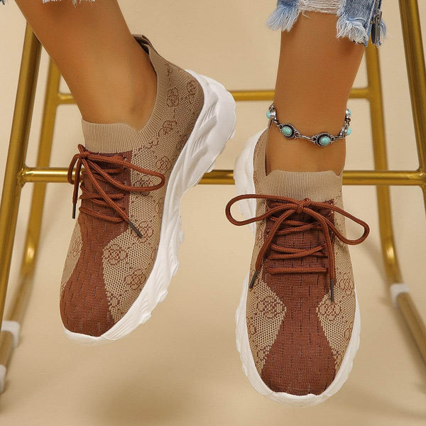 Floral Print Colorblock Mesh Shoes Casual Light Lace-up Sneakers For Women - ZEYTONCART