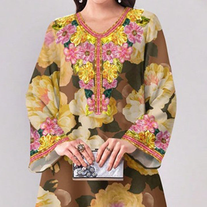 Women's Vibrant Floral Print V-Neck Long Sleeve Maxi Dress Elegant Bohemian A-Line Long Dress - ZEYTONCART