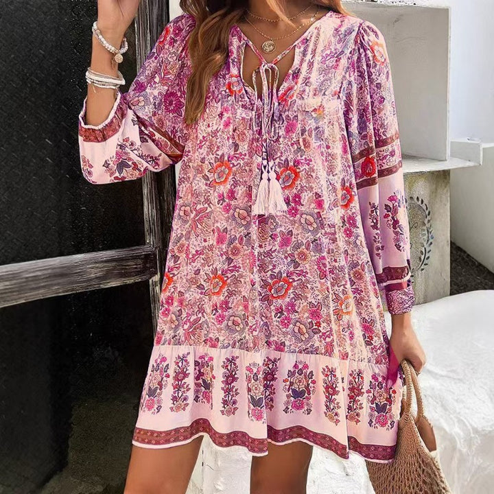 Women's Elegant V-Neck Fringe Bow Floral Print Dress Long Sleeve Comfortable Spring&Summer Dress - ZEYTONCART