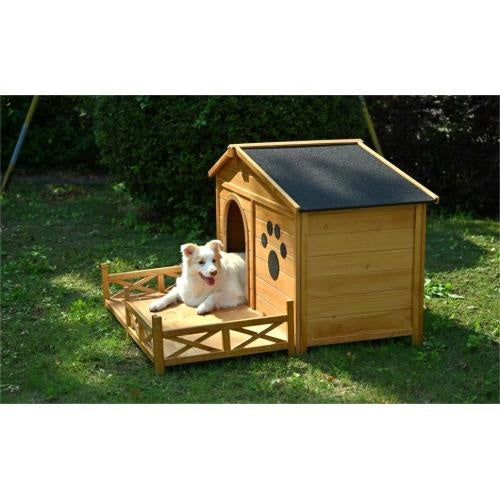 48 Wooden Dog House Outdoor With Porch, Dog Kennel With Water-Resistant Asphalt Roof And Fencing,Indoor & Outdoor Dog Crate With Paw Print, Medium, Nature - ZEYTONCART