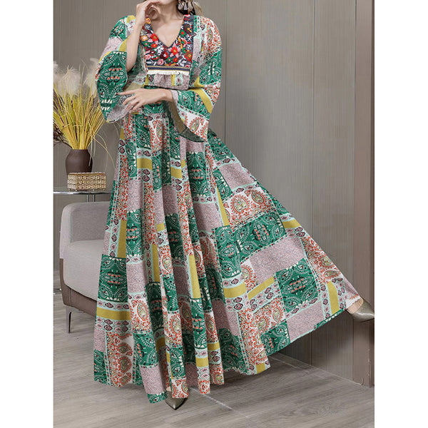 Women's Boho Maxi Dress 3 4 Sleeve V Neck Floral Embroidered Elegant A-Line Dress - ZEYTONCART