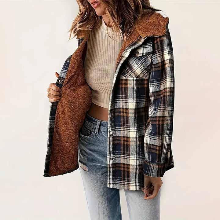 Women's Plaid Button-Up Long Sleeve Jacket Fall Winter  Flap Button Pocket Design Casual Hooded Fleece-Lined Warm Coat - ZEYTONCART
