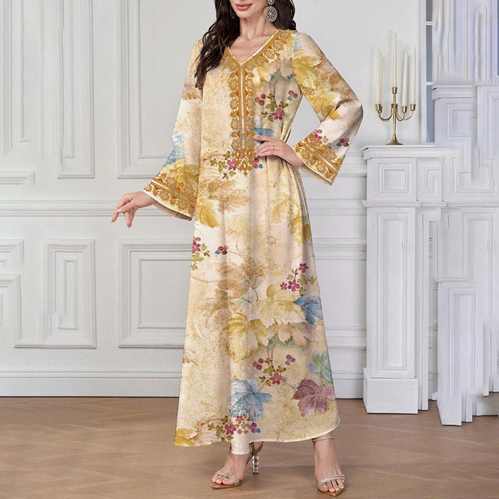 Women's Chic Bohemian Floral V-Neck Maxi Dress, Elegant Golden Long Sleeve Loose Fit Casual Dress - ZEYTONCART