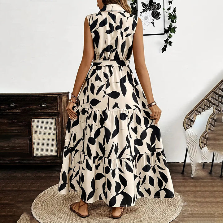 Women Sleeveless Boho Floral Maxi Dress Summer Button Shirt V Neck Flowy Belted Beach Vacation Dresses - ZEYTONCART