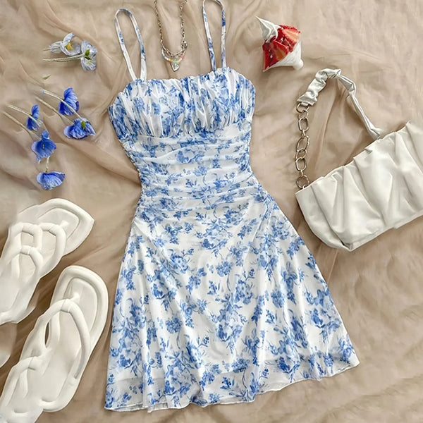 Women's Boho Floral Print Mini Dress Spaghetti Strap Ruched Ruffle Hem Vacation Sundresses - ZEYTONCART