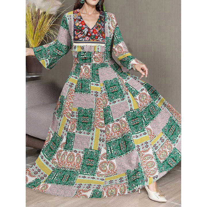 Women's Boho Maxi Dress 3 4 Sleeve V Neck Floral Embroidered Elegant A-Line Dress - ZEYTONCART