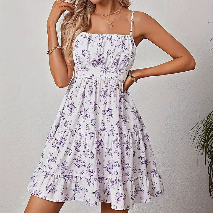 Womens Summer Floral Print Smocked Mini Dress Sleeveless Spaghetti Strap Slim Fit Flowy Dresses - ZEYTONCART