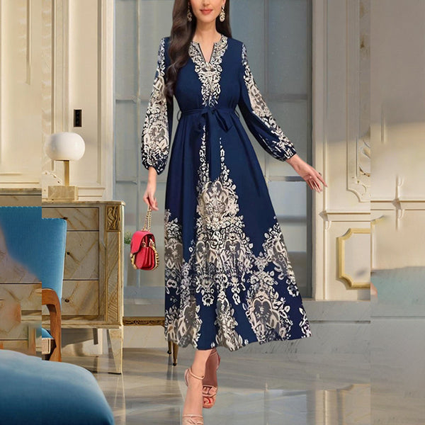 Women's Bohemian Floral Print Dress Ethnic Middle Eastern Style Long Sleeve Tiered Maxi Dress With Drawstring Waist - ZEYTONCART