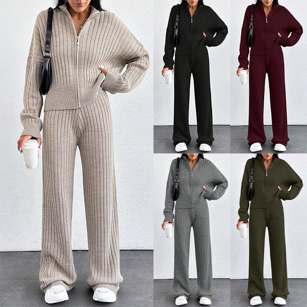 Autumn And Winter New European And American Women's Casual Loose Zip Top And Trousers Two-piece Set - ZEYTONCART