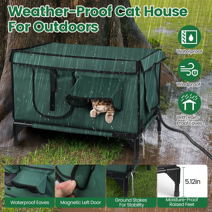 1Pc Waterproof Heated Cat House Outdoor Weatherproof Insulated Kitty Shelter Feral Cat Heating Bed With Heating Pad Anti-Chew Cord 2 Doors 3 Windows For Indoors Outdoors Winter Summer - ZEYTONCART