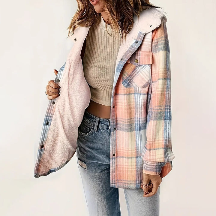 Women's Plaid Button-Up Long Sleeve Jacket Fall Winter  Flap Button Pocket Design Casual Hooded Fleece-Lined Warm Coat - ZEYTONCART