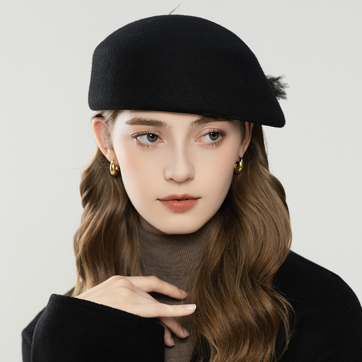 Autumn And Winter Retro Style Feather Decorative Wool Beret - ZEYTONCART