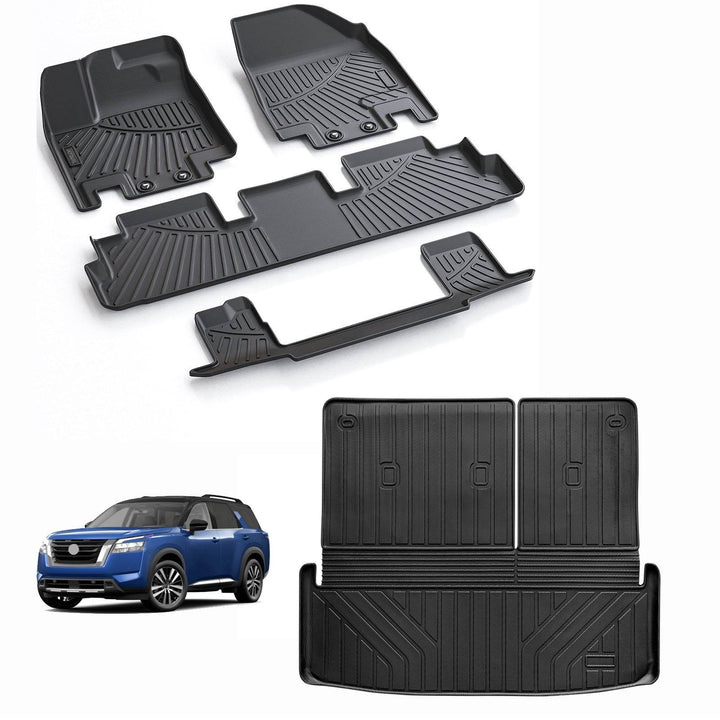 Floor Mats & Cargo Liners Backrest Mats Compatible For 2022-2024 Nissan Pathfinder 3 Row Floor Liners And Big Trunk Mat TPE-Black -Pathfinder 8 Seats - ZEYTONCART