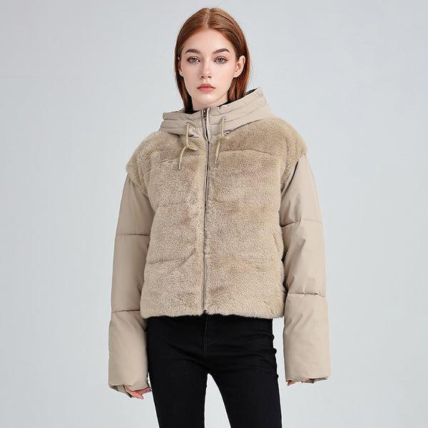 New Style Fur Patchwork Women's Coat For Women Winter Short Style Fashionable High Waist Warm Cotton Coat - ZEYTONCART