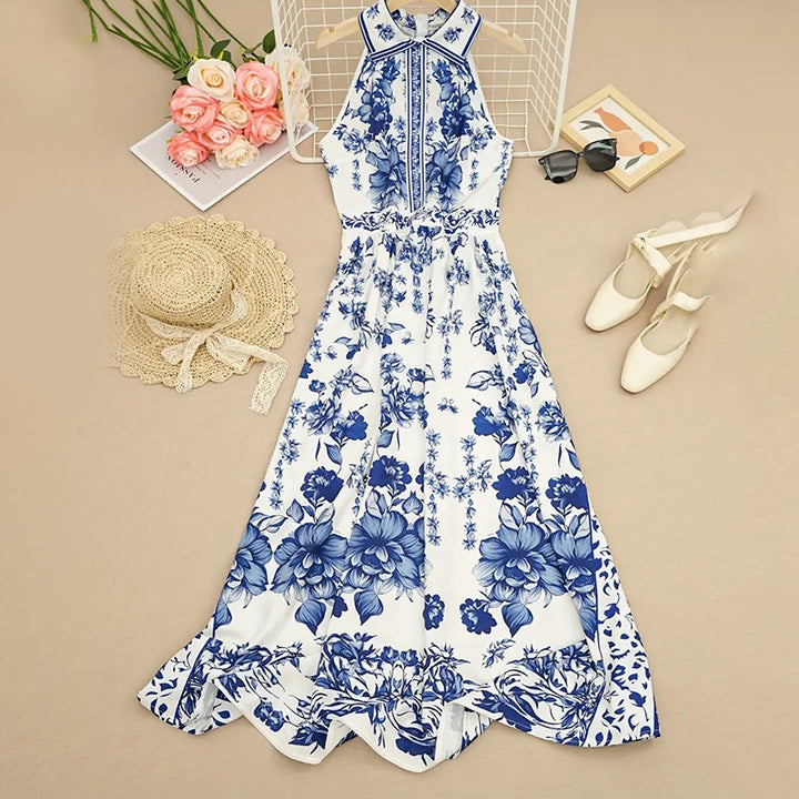 Women's Floral Print Halter Neck Maxi Dress - Tie-Waist A-Line Summer Dress - ZEYTONCART