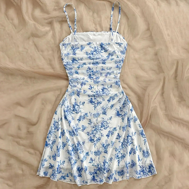 Women's Boho Floral Print Mini Dress Spaghetti Strap Ruched Ruffle Hem Vacation Sundresses - ZEYTONCART