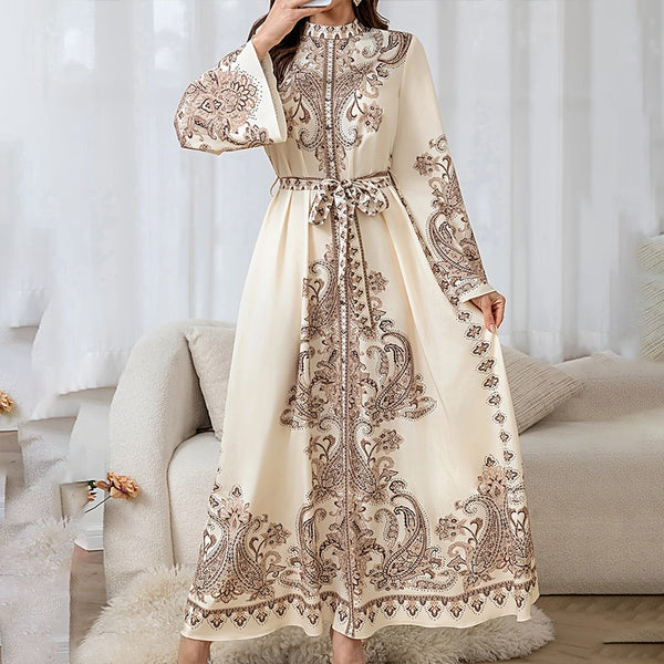 Women's Vintage High-Neck Floral Maxi Dress Loose Long Sleeve, Adjustable Waist Belt, Middle Eastern Inspired Holiday Dress Ankle-Length Gown - ZEYTONCART