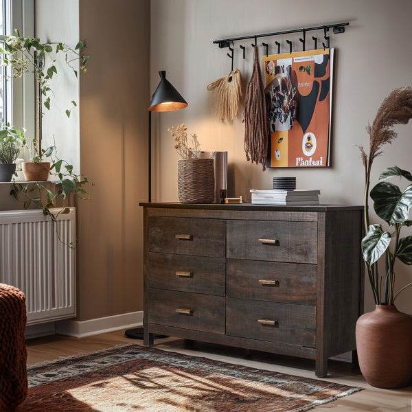 Brown MDF Veneer 120x40x80 Double-row Six-drawer Chest Of Drawers - ZEYTONCART