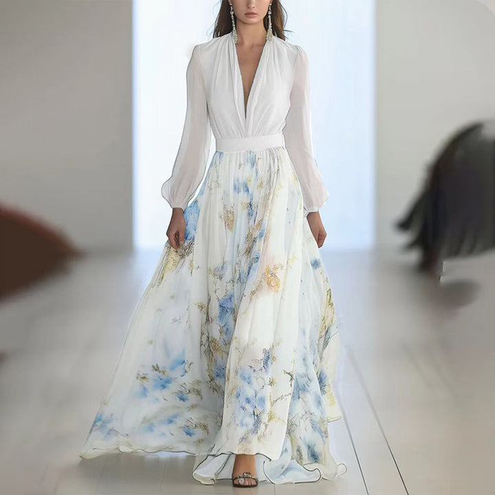 Women's Deep V-Neck Floral Print Boho Maxi Dress With Long Sleeves - A-Line Waist Ruffle Hem Dress For Spring&Summer Vacation - ZEYTONCART