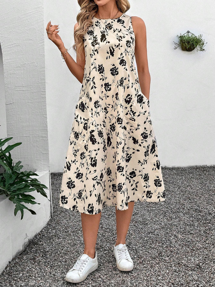 Round Neck Sleeveless Flared Hem Retro Floral Print Casual Elegant Midi Dress - ZEYTONCART