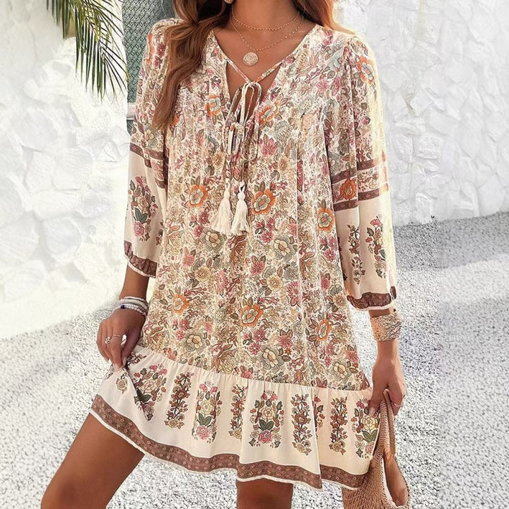Women's Elegant V-Neck Fringe Bow Floral Print Dress Long Sleeve Comfortable Spring&Summer Dress - ZEYTONCART