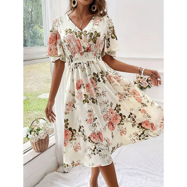 Women's Floral Boho Summer Midi Dress Ruffle Short Sleeve V Neck Empire Waist Flowy Dress - ZEYTONCART