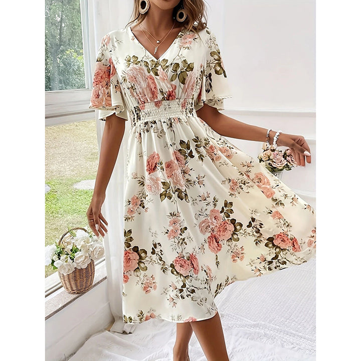 Women's Floral Boho Summer Midi Dress Ruffle Short Sleeve V Neck Empire Waist Flowy Dress - ZEYTONCART