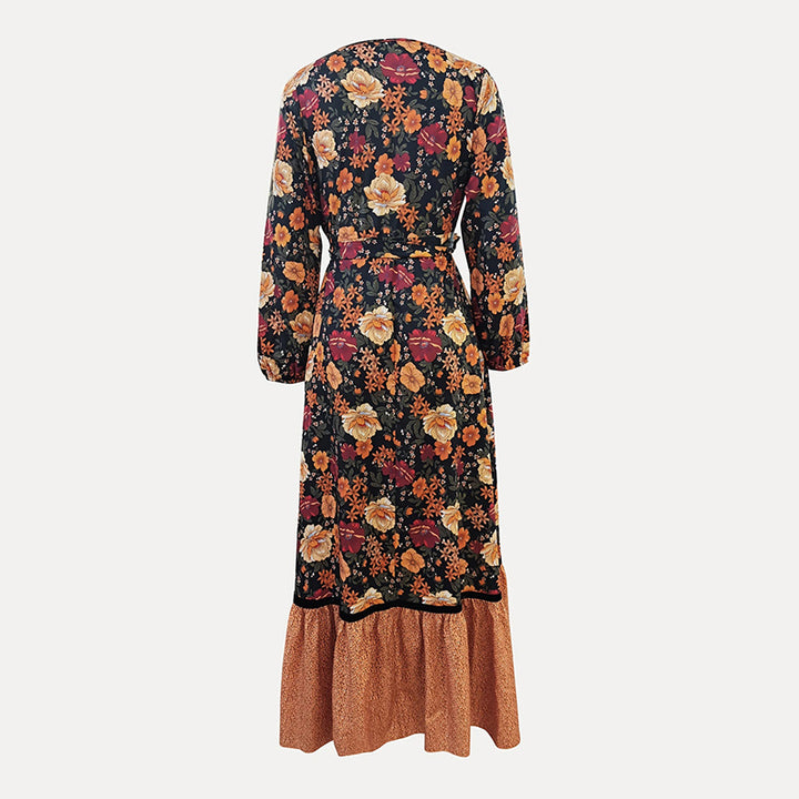 Women's Elegant V-Neck Floral Dress - Cross Front Detail & Tiered Ruffle Hem Flowing Bohemian-style Dress - ZEYTONCART
