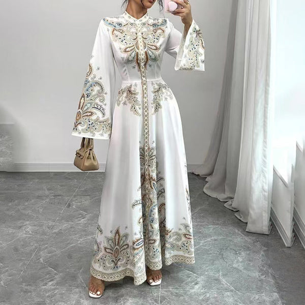 Elegant High-Neck Floral Maxi Dress - Long Flowy Sleeves, Modest A-Line Middle Eastern Style Gown Vacation & Party Dress For Women - ZEYTONCART