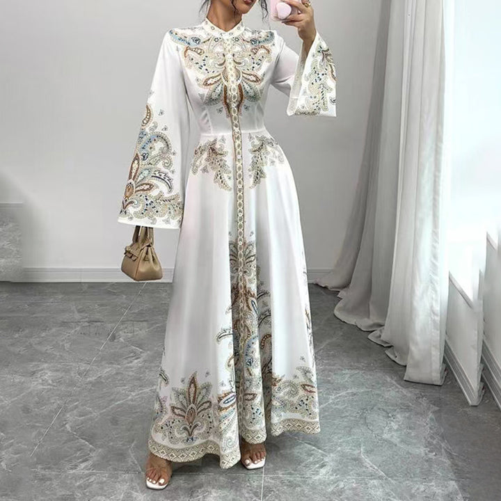 Elegant High-Neck Floral Maxi Dress - Long Flowy Sleeves, Modest A-Line Middle Eastern Style Gown Vacation & Party Dress For Women - ZEYTONCART