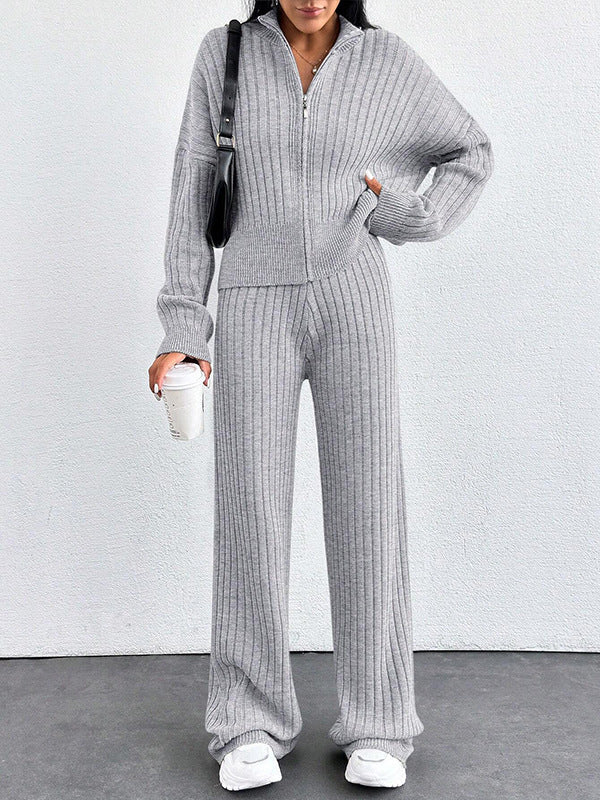 Autumn And Winter New European And American Women's Casual Loose Zip Top And Trousers Two-piece Set - ZEYTONCART