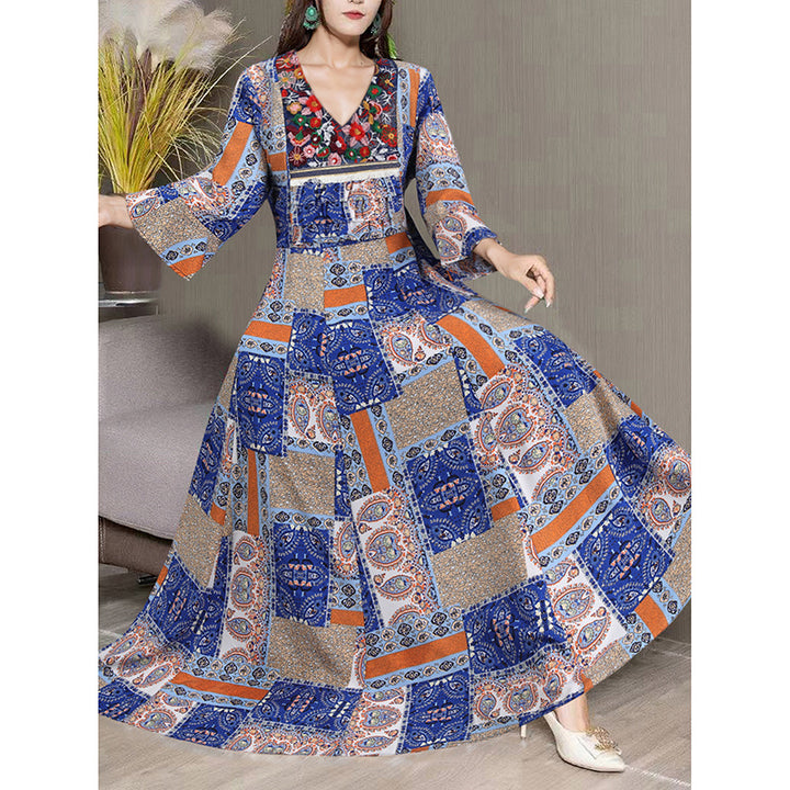 Women's Boho Maxi Dress 3 4 Sleeve V Neck Floral Embroidered Elegant A-Line Dress - ZEYTONCART