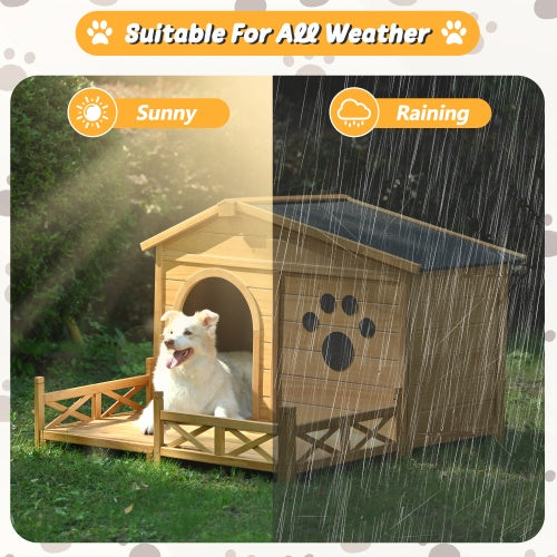 48 Wooden Dog House Outdoor With Porch, Dog Kennel With Water-Resistant Asphalt Roof And Fencing,Indoor & Outdoor Dog Crate With Paw Print, Medium, Nature - ZEYTONCART