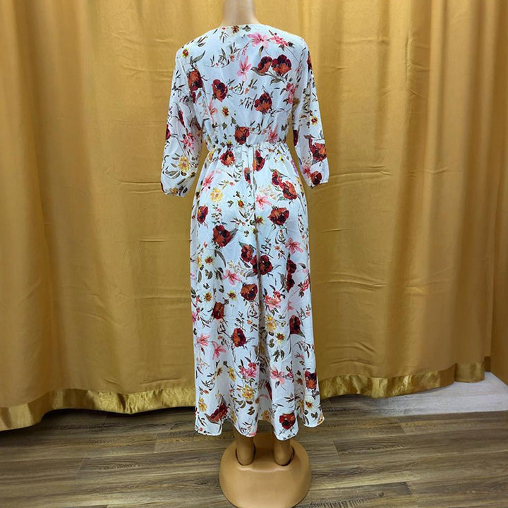 Women's Elegant Floral Print Boho Dress - Round Neck Half Sleeves Flowy Maxi Dress - ZEYTONCART