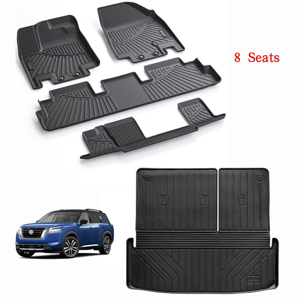 Floor Mats & Cargo Liners Backrest Mats Compatible For 2022-2024 Nissan Pathfinder 3 Row Floor Liners And Big Trunk Mat TPE-Black -Pathfinder 8 Seats - ZEYTONCART