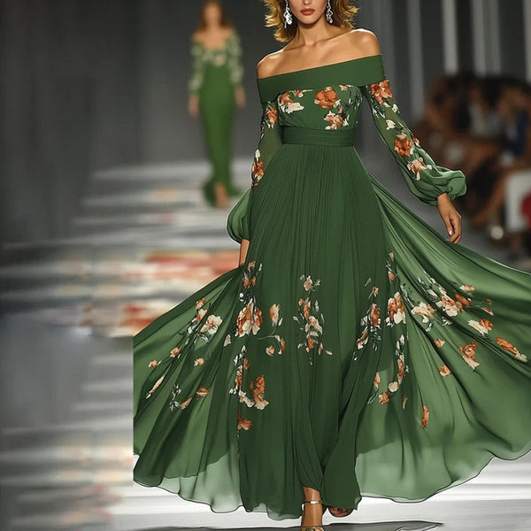 Women's Green Off-Shoulder Floral Print Dress With Puff Sleeves - Flowy A-Line Maxi Evening Dress - ZEYTONCART