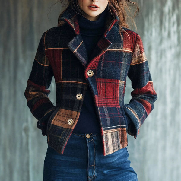 Plaid Retro Warm Coat Autumn And Winter Stand Collar - ZEYTONCART
