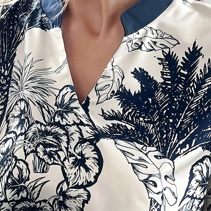 Women's Plus Size Elegant Floral Ink Painting Casual Tunic Dress Notched V Neck Long Sleeve Maxi Dress - ZEYTONCART