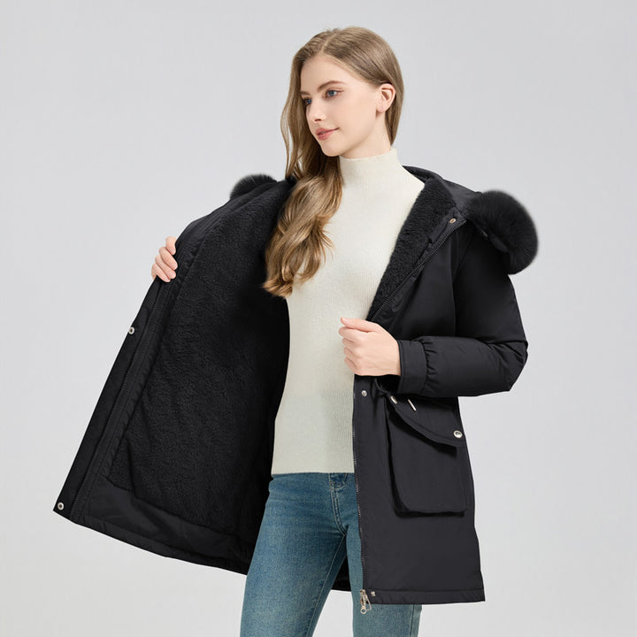 Women's Winter Fur-Lined Hooded Parka Coat Mid Length Down - ZEYTONCART