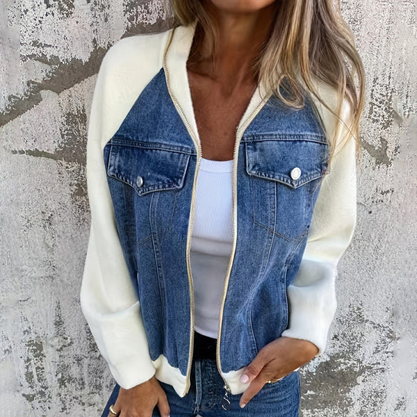 Women's Denim Patchwork Zip-Up Jacket Stand Collar Casual Coat With Button-Decorated Flap Pockets Fall Winter Fashion Outerwear - ZEYTONCART