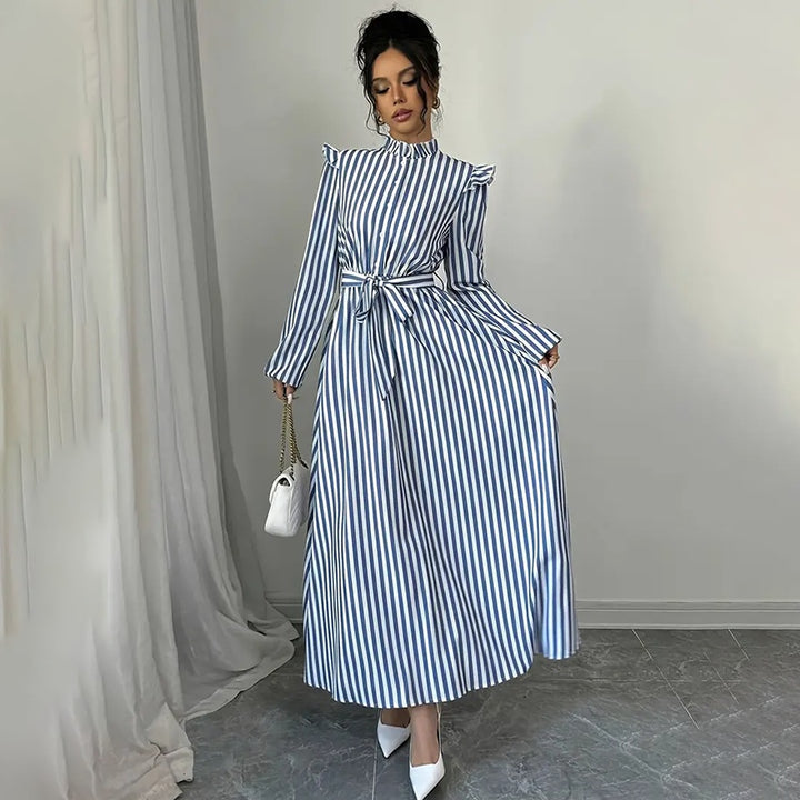 Women's Floral Print Long Sleeve Maxi Dress - Stand Collar A-Line Dress With Waist Detail, Lantern Sleeves & Ruffle Hem For Spring&Fall - ZEYTONCART