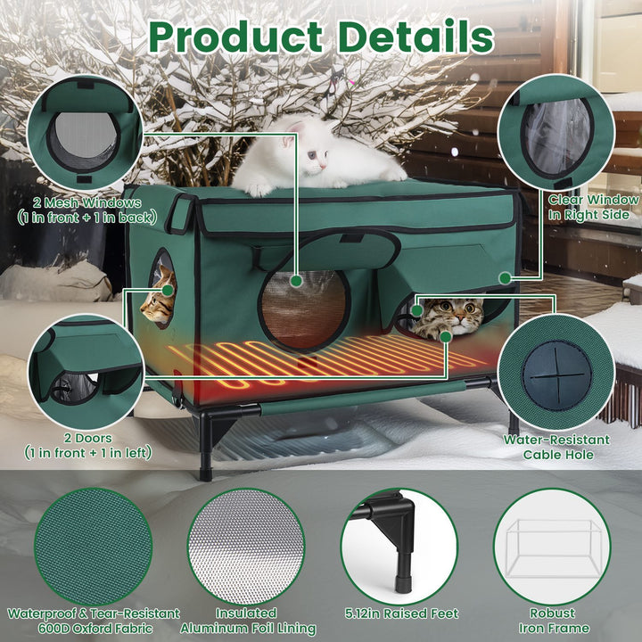 1Pc Waterproof Heated Cat House Outdoor Weatherproof Insulated Kitty Shelter Feral Cat Heating Bed With Heating Pad Anti-Chew Cord 2 Doors 3 Windows For Indoors Outdoors Winter Summer - ZEYTONCART