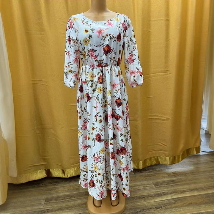 Women's Elegant Floral Print Boho Dress - Round Neck Half Sleeves Flowy Maxi Dress - ZEYTONCART