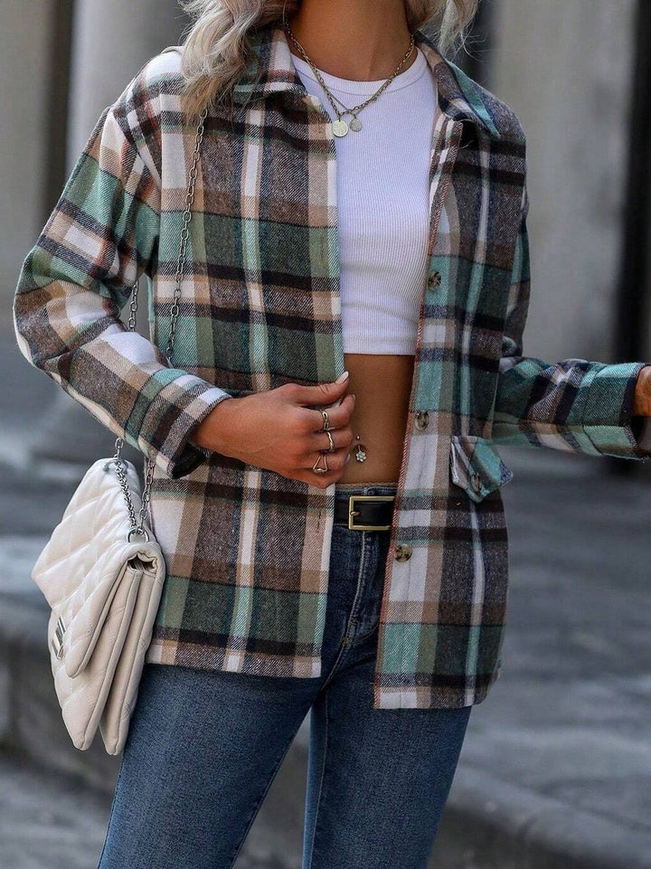 Autumn Winter Women's Wear Drop-shoulder Long-sleeve Lapel Loose Plaid Casual Shirt Coat - ZEYTONCART