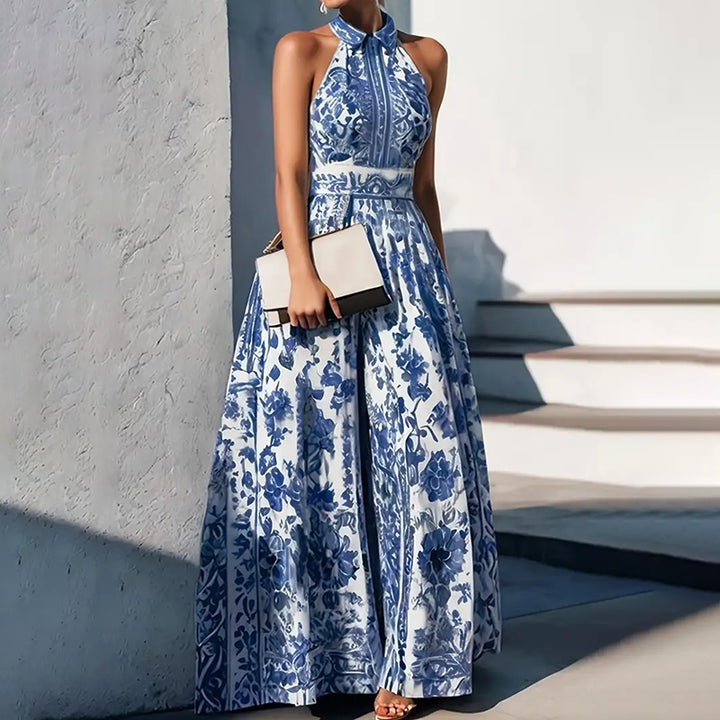 Women's Floral Print Halter Neck Maxi Dress - Tie-Waist A-Line Summer Dress - ZEYTONCART