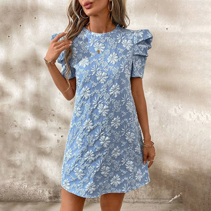 Women's Summer Mini Dress Short Sleeve Floral Jacquard Puff Sleeve Crew Neck Dress - ZEYTONCART